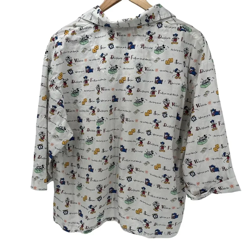 Walt Disney‎ Pajama Shirt Womens Large Mickey Mouse Button Up Top Cotton Vintage - Picture 3 of 7